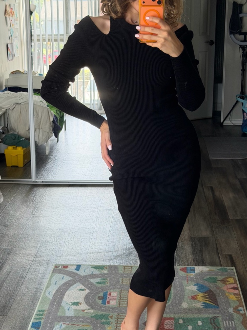 Forever 21 Black Ribbed Cold-Shoulder Midi Dress